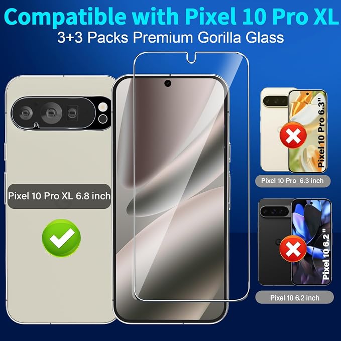 letosan 3 Pack for Google Pixel 10 Pro XL Screen Protector Tempered Glass + 3 Pack Camera Lens Protector, Military Grade Shatterproof, 9H Hardness, Fingerprint Unlock,Case Friendly 6.8 Inch - Image 2