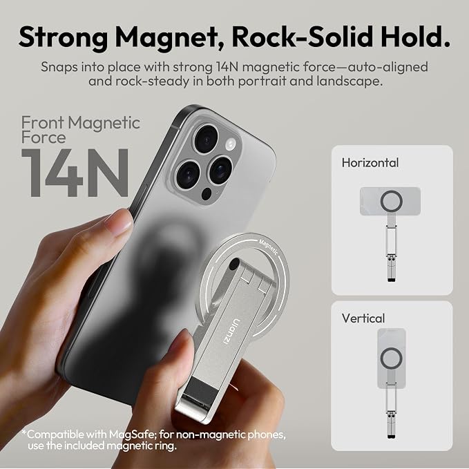 ULANZI MA60 Magnetic Phone Tripod, Aluminium Mini Tripod for iPhone Silver | N52 Strong Magnet Cell Phone Tripod, Pocket Size for Travel Vlog Live Recording for iPhone 17 16 15 14 - Image 4