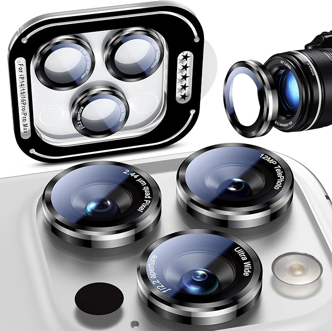 Uyiton for iPhone 17/16/15/14 (Pro Max & Pro) Camera Lens Protector | Unique Lines Text Design, Case-Friendly, Military-Grade Sapphire Glass Metal Camera Cover, Easy to Install, Black+Silver by Uyiton