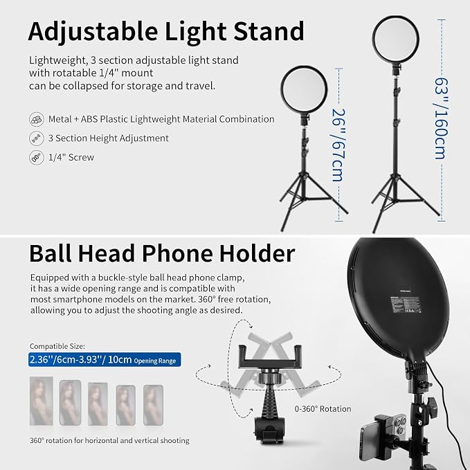 NEEWER Basics 10" Ring Light with 63" Tripod Stand/Phone Holder/Remote Compatible with iPhone, 15W Bi Color Full Screen Edge Lit LED Lighting CRI95+ for Video Recording Selfie Streaming Makeup, R10L - Image 7