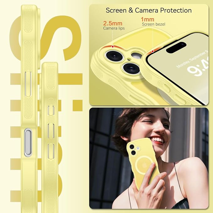 BENTOBEN Magnetic for iPhone 16 Case, Cute Wavy [Full Camera Protection][Compatible with MagSafe] Matte Anti-Slip Bumper Women Girls Boys Protective Cover for iPhone 16 6.1",Yellow - Image 3
