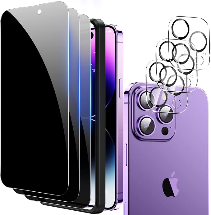 Fotbor Privacy Screen Protector for iPhone 14 Pro Max with Camera Lens Protector [3+3 Pack], with Easy Installation Kit, Anti Spy Private Full Coverage Tempered Glass Film 6.7 Inch, Bubble Free by Fotbor