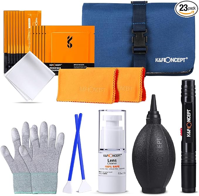 K&F CONCEPT Professional Lens Cleaning Kit for DSLR & Mirrorless Cameras with APS-C/Full-Frame Sensor Cleaning Swabs/Lens Cleaner/Gloves/Camera Blower/Lens Pen Brush/Microfiber Cloths/Carrying Case by KFCONCEPT