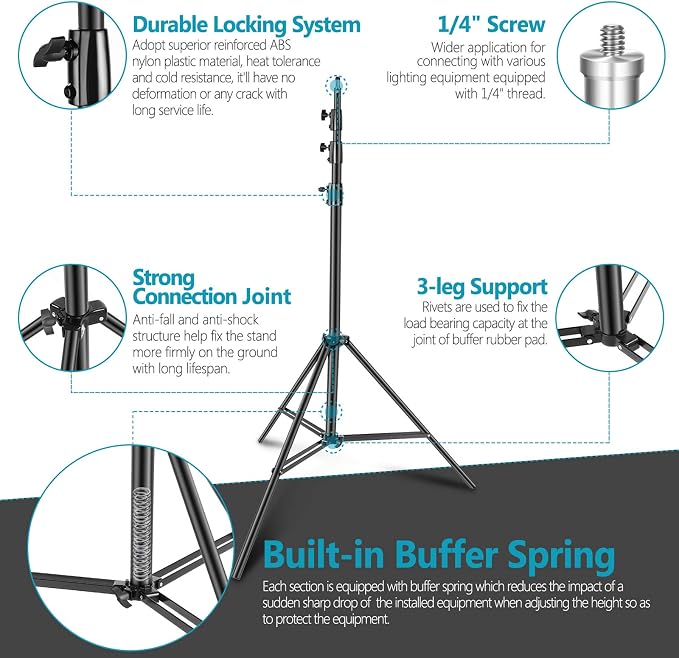 NEEWER Heavy Duty Light Stand, 13ft/4m Adjustable Metal C Stand, Black | Photography Tripod, Spring Cushion, 1/4" Screw, for Studio LED Continuous Light Background Flash Strobe, Max Load 22lb/10kg - Image 3