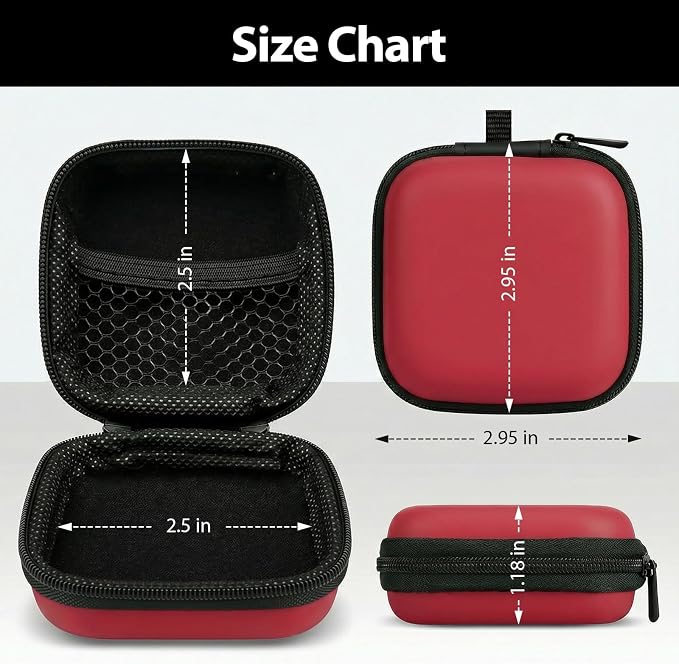 Square Earbud Case with Carabiner, Portable Small Carrying Pouch for Wired/Wireless Earphones, EVA Travel Organizer Box for Charging Cables, USB Flash Drives, SD Cards, Red - Image 2
