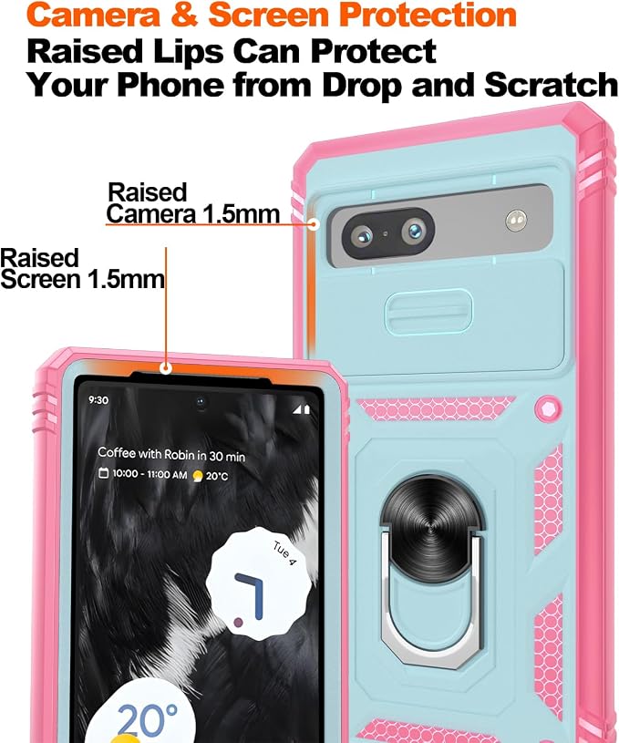 for Google Pixel 7A Case with Slide Camera Cover & Screen Protector*2, Pixel 7A Case Build in 360° Rotating Ring Kickstand, Military Grade Protective Case for Google Pixel 7A Phone Case, Green+Pink - Image 5