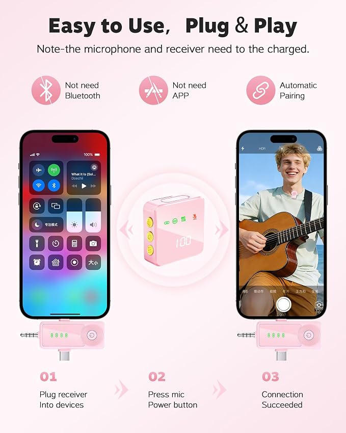 Wireless Lavalier Microphone for iPhone, Android, Cameras 4 Packs | Mini Microphone with Noise Reduction, 40H Battery Life, 4 Mic for Video Recording, Podcasts, Vlog, TikTok and YouTube (Pink) - Image 5