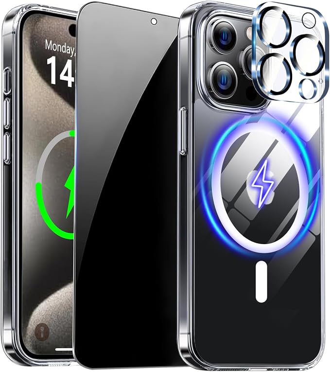 for iPhone 15 Pro Max Case Clear with Privacy Screen Protector | Full Camera Protection, Transparent Magnetic, Compatible with MagSafe, Shockproof Phone Cover, Slim Fit by ZOZDOKG