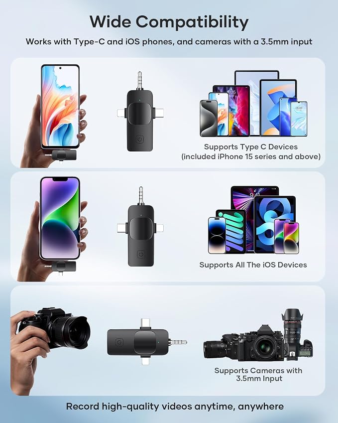 3-in-1 Wireless Lavalier Microphone for iPhone, iPad, Android, Camera - Noise-Canceling Mini Mic with 2.4G Ultra-Low Latency for Vlog, TikTok & YouTube Streaming (2 Mics) - Image 8