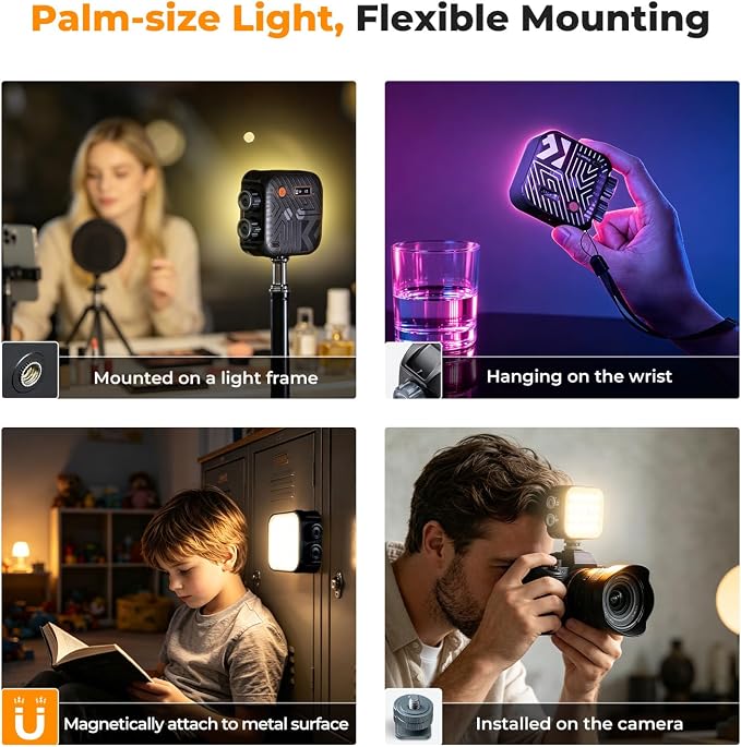 K&F CONCEPT RGB Video Light 21 Light Effects, 2500K-9900K, CRI 96+, Black | 360° Full Color Portable Light, Magnetic Rechargeable LED Panel Camera Light with 1/4" Screw Mount for Vlogging, Selfie L01 - Image 6