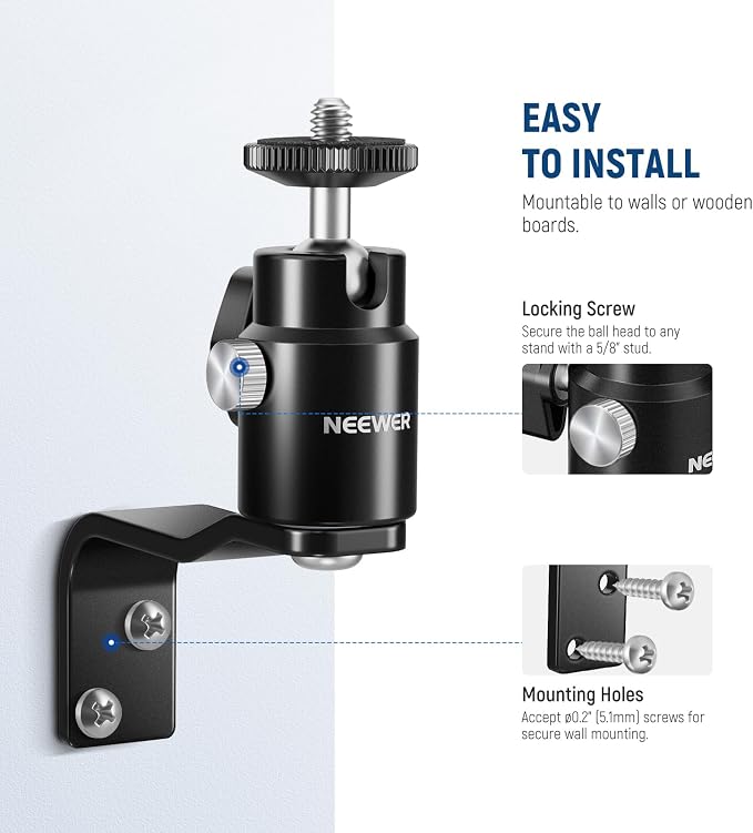 NEEWER 2 Pack E Type Wall Ceiling Mount, Ring Light Wall Mount Bracket with Detachable Ball Head, 5/8" Stud, 1/4" Screw for Flash Strobe Camera Monitor Studio Lighting, Max Load: 4.4lb/2kg, TS007 - Image 2