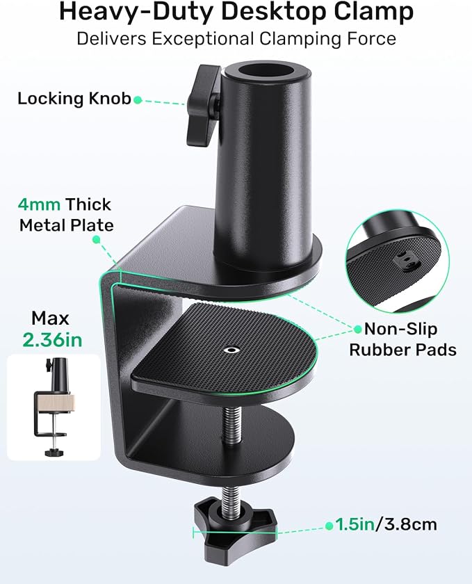 19" Flexible Gooseneck Mic Stand with Desk Clamp【Heavy Duty】, Dual Holder | Upgraded Desk Clamp, 2 Mic Holders, 1/4" and 3/8" Adapters, Ideal for Gaming, Live Streaming, Podcast, Conference, and Podium - Image 5