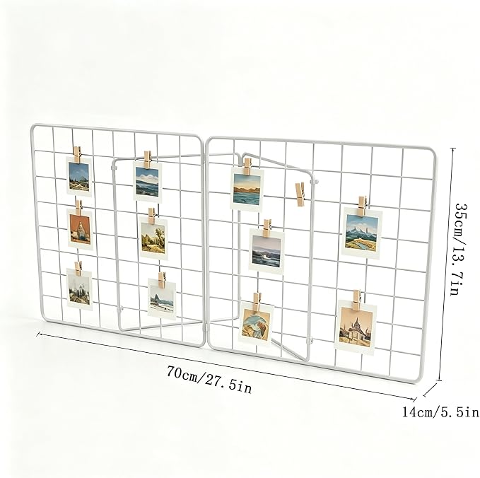 Foldable Desktop Photo Display Rack & Grid Display Board, Fold Flat for Easy Storage with 20 Wooden Clips – Photo, Accessory & Handcraft Display Organizer for Home Office White - Image 2