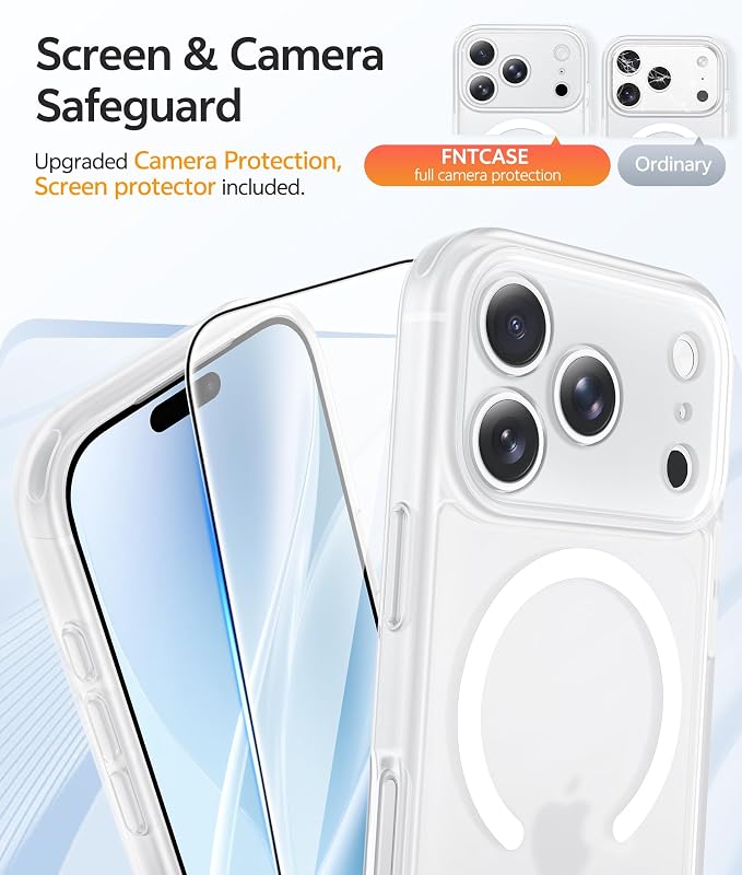 FNTCASE for iPhone 17 Pro Max Case, Fit for Magsafe, Screen Protector White | Full Camera Protection, Translucent Matte, 14FT Military Grade Drop Proof, Shockproof Protective Phone Cover, White - Image 4