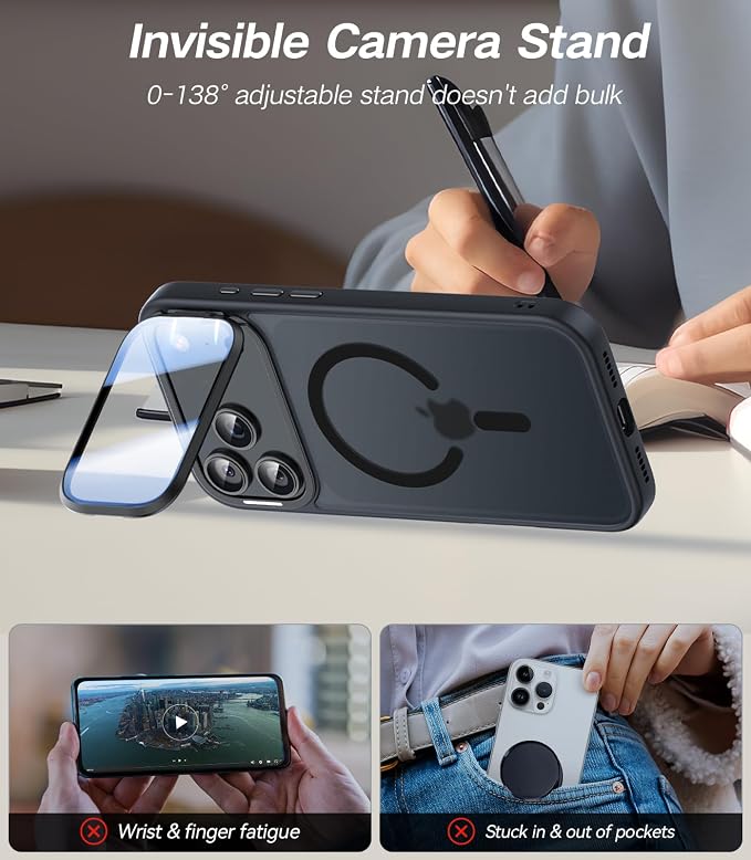 VOFATA [Upgraded Full Camera Protection] for iPhone 17 Pro Max Case with Camera Cover Stand [Fit for MagSafe][10FT Mil-Grade Protection] Translucent Magnetic iPhone 17 Pro Max Phone Case, Black - Image 3