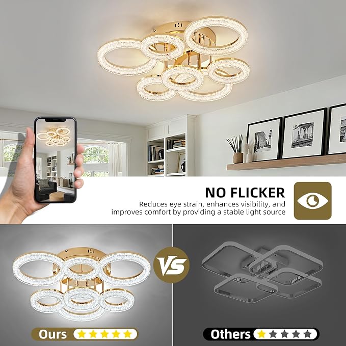 Modern Ceiling Light, 7 Rings 23'' Dimmable LED 106W Flush Mount Ceiling Lights with Remote Acrylic Crystal Round Ceiling Light Fixture, Bedroom Living Room Dining Room, Gold - Image 6