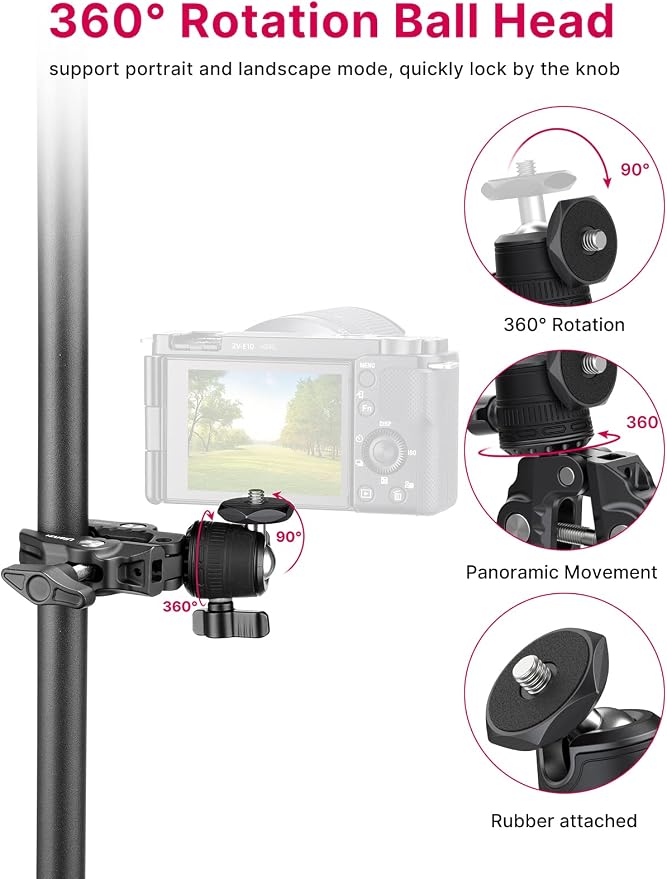 ULANZI R099 Super Clamp Camera Mount - Heavy Duty 3.3lb Load Metal Clamp with 360° Ball Head for Action Cameras (GoPro/Insta360/DJI), DSLR, Bike/Motorcycle Handlebar, Pole/Tube Mount Accessories - Image 4