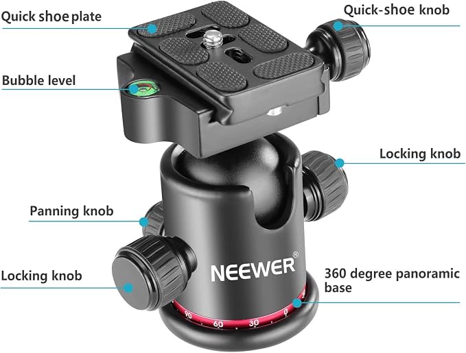 Neewer Professional Metal 360 Degree Rotating Panoramic Ball Head with 1/4 inch Quick Release Plate and Bubble Level,up to 17.6pounds/8kilograms,for Tripod,Monopod,Slider,DSLR Camera,Camcorder - Image 4
