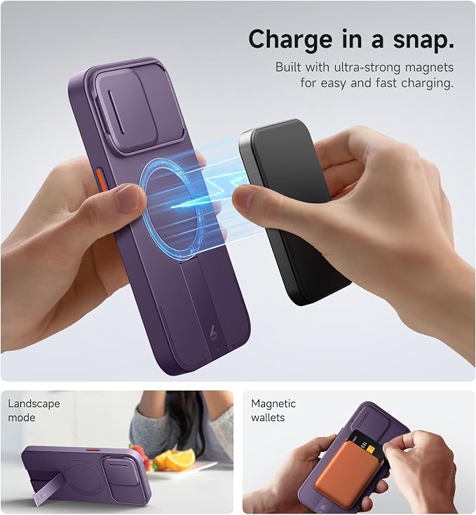 SURITCH for iPhone 15 Pro Max Case with Magnetic Camera Slide Cover and Adjustable Kickstand, Compatible with MagSafe, Shockproof Bumper Case Slim Protective Cover 6.7 Inch, Dark Purple - Image 3