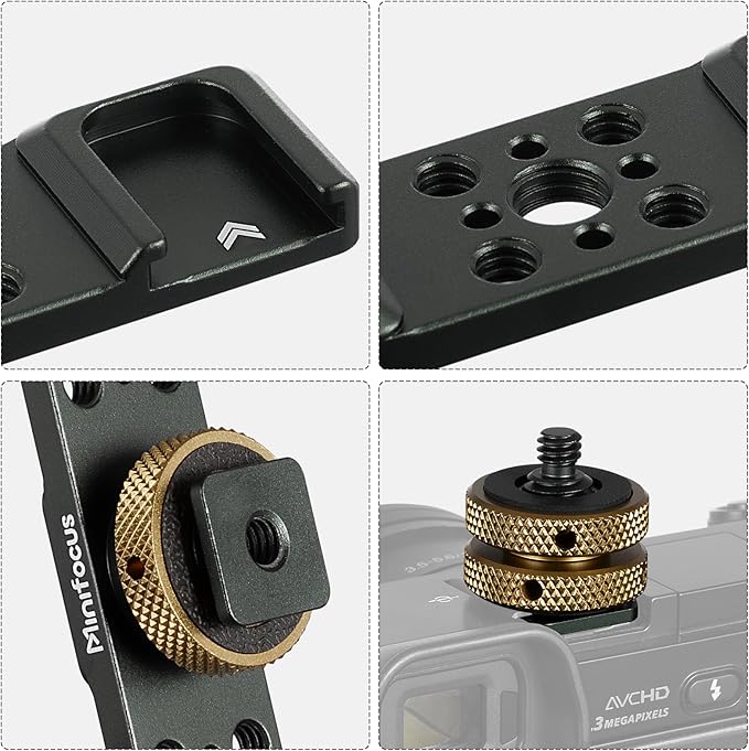 MINIFOCUS Triple Cold Shoe Extension Bar Mount, Aluminum Alloy Hot Shoe Mount Bracket with 1/4" Thread Holes for DSLR Camera Microphone Tripod LED Video Light Flashlight - Image 4
