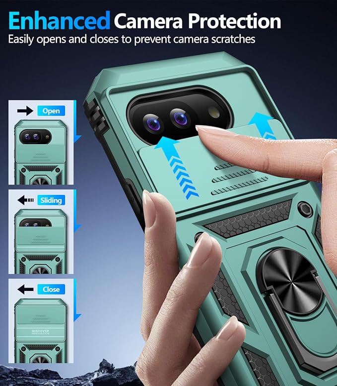 Taisairu for Google Pixel 9A Case with Screen Protector & Slide Camera Lens Cover,Built-in 360°Rotate Magnetic Ring Stand Shockproof Protective Phone Case for Google Pixel 9A Case (Green) - Image 6