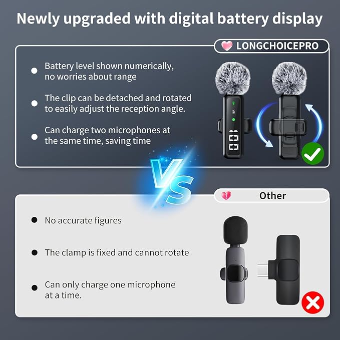 Microphone for iPhone & Android, Wireless Mini Microphone | Battery Display, Clear Voice, Noise Cancelling, 3 in 1 Lavalier Mic for TikTok, YouTube & Interviews, Dual Mic - Image 2