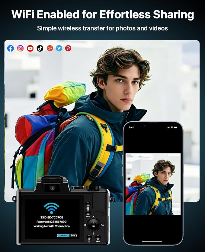 8K Digital Cameras for Photography, 2026 Autofocus 88MP WiFi Professional Photography Camera with Dual-Lens for YouTube, 16X Digital Zoom, TF Card, Lens Hood, Touch Screen,2 Batteries & Charging Stand - Image 5
