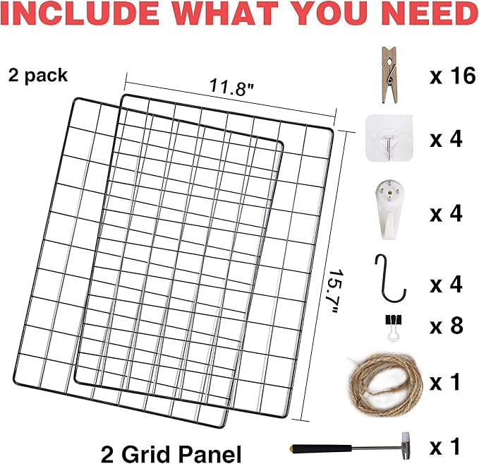 C&AHOME Photo Wall Display Set of 2, Wall Grid Panel, 17.7" x 25.6", Black | Photo Display Shelves, Wall Storagae Organizer, Hooks, Clips, Hemp Cord, Hammer - Image 2