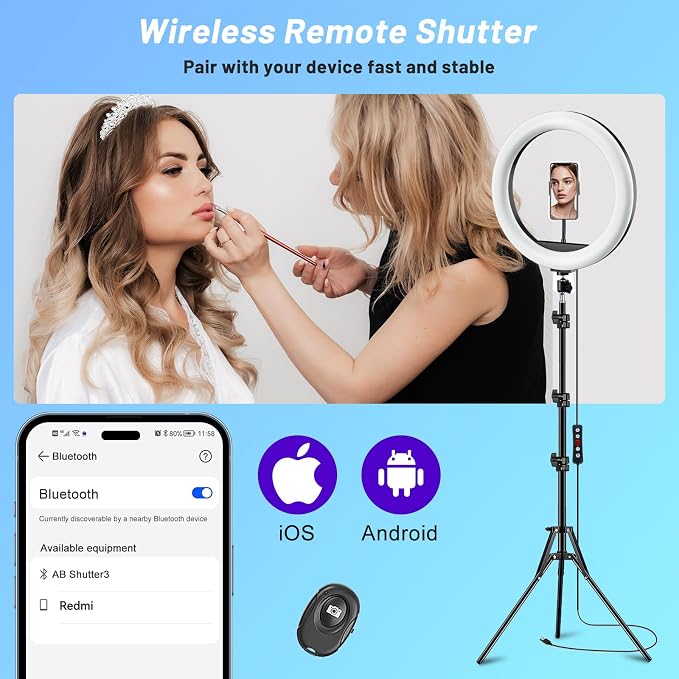 12'' Selfie Ring Light with Stand and Phone Holder, 75" Tripod 96 RGB Mode | Remote for iPhone &Android Camera. LED Halo Light for Photo/Video Recording/TikTok/Makeup. Vlogging Circle Ringlight Dimmable - Image 5