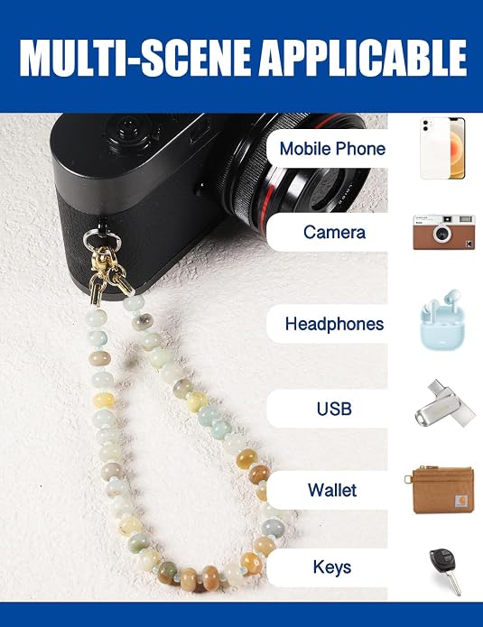 CH.yishi Crystal Beaded Phone Charm Wrist Strap Camera Lanyard | Handmade Cell Phone Chain,with Tether Tab,Keychain Bag Wallet Natural Stone Charm,Headphone Gemstone Decor,Camera Wrist Strap - Image 5