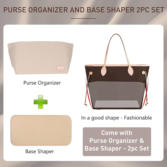 Doxo Purse Organizer Insert for Handbags & Base Shaper 2pc Set, Felt Neverfull GM Organizer Insert, Tote Bag Organizer with Zipper Pocket and Bottle Holder, Fit Neverfull GM and More, Beige-XL - Image 3