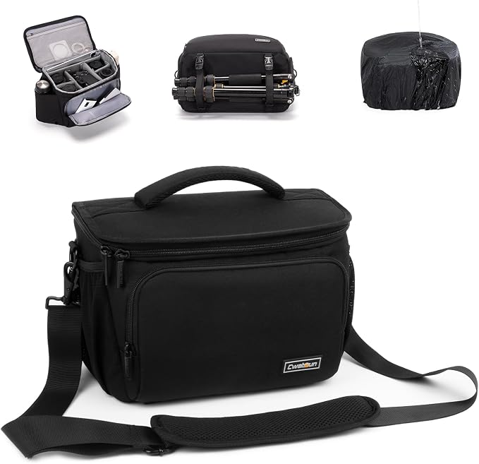 Cwatcun Camera Crossbody Shoulder Messenger Case, DSLR/SLR/Mirrorless Travel Photography Sling Bag with Tripod Holder and Rain Cover for Canon, Nikon, Sony, Fuji Cameras, Lens and Accessories | Fits 1DSLR+3 lenses+12.9" iPad+tripod. 18mm EPE foam, adj ... by FocusonCameraBag
