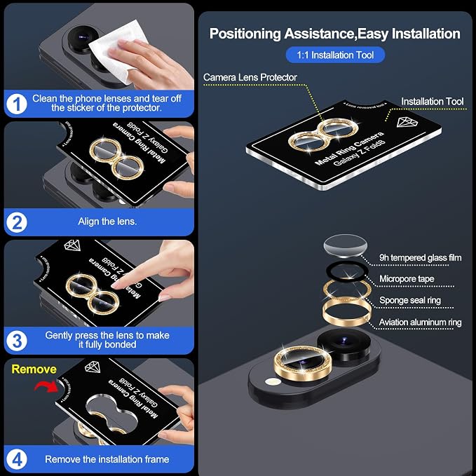 for Samsung Galaxy Z Fold 8 Camera Lens Protector, Individual Metal Ring Tempered Glass Lens Cover, [Strong Adsorption] Scratch Resistant Ultra-Thin HD Clear Lens Cover,1 Set-Gold Sparkly - Image 7