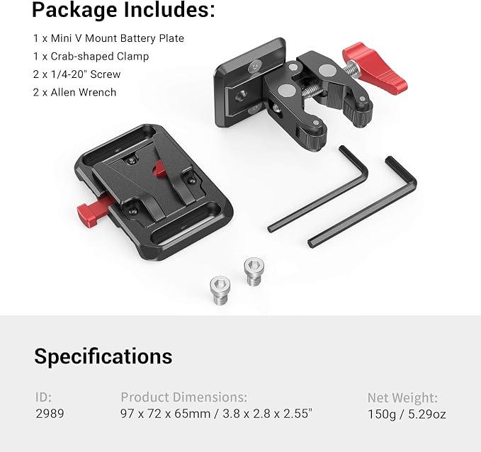 SMALLRIG Mini V Mount Battery Plate, V-Lock Mount Battery Plate with Crab-Shaped Clamp for Camera Power Supply - 2989 (Pack of 2) - Image 7