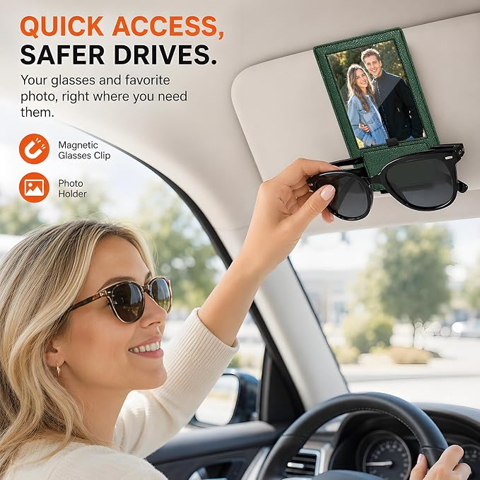 2-in-1 Car Visor Sunglasses & Photo Holder, Magnetic PU Leather Glasses Clip with Picture Display Slot, Universal Sun Visor Organizer for Eyeglasses, Personalized Cards & Memories, Green - Image 2