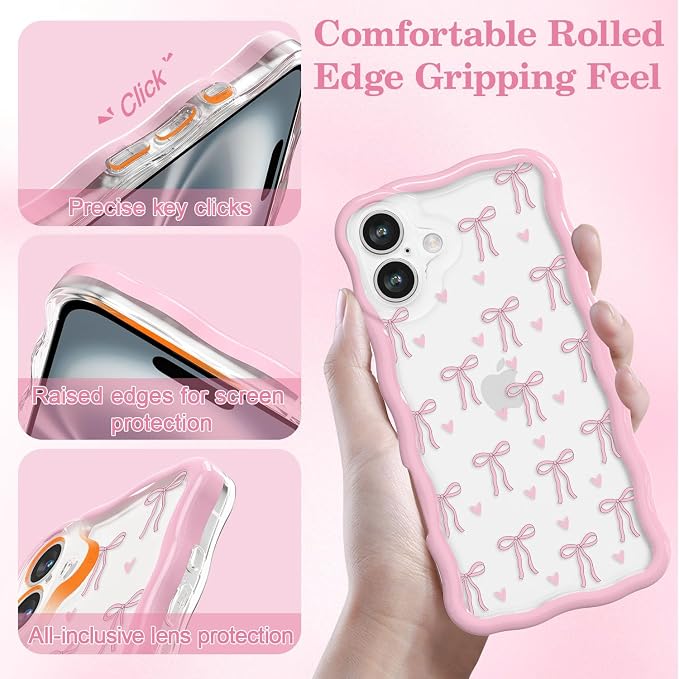 QLTYPRI for iPhone 16 Plus Pink Bow Case, Clear Cute Pink Ribbon Bow Phone Case Curly Wavy Aesthetic Phone Cover, Soft Slim Transparent TPU Shockproof Protective Cover for Women Girls - Love Bow - Image 3