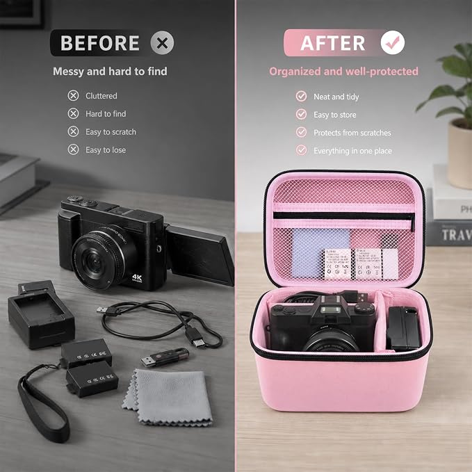 Comecase Large Travel 4K Vlogging Camera Case for Duluvulu/for AUREAPIX | Outdoor Camera Storage with 2 Dividers and Mesh Pocket, for Vloggers and Content Creators, Trip Ready, Pink - Case Only - Image 4