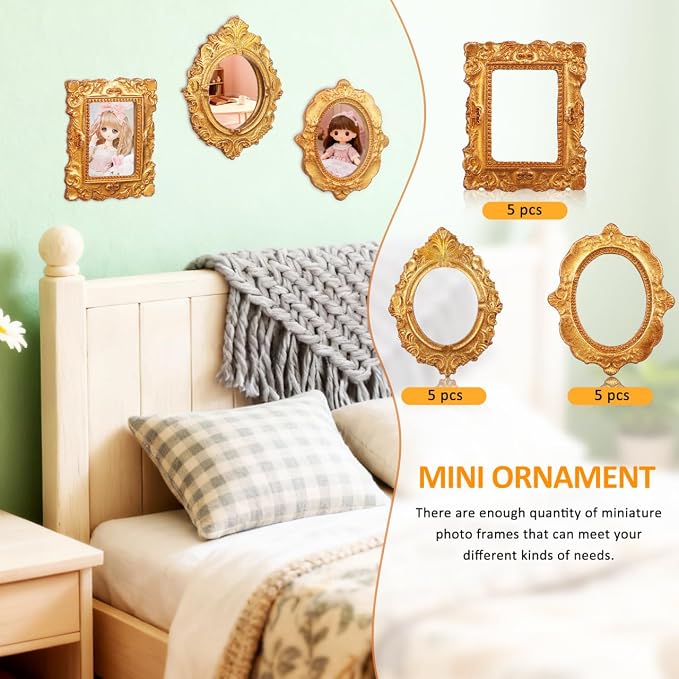 15pcs Mini Vintage Resin Picture Frame Antique Tiny Oval Rectangle Baroque Display Photography DIY Small Photo Frame for Home Decoration Miniature Landscape DIY Crafts (Gold) (Pack of 3) - Image 3