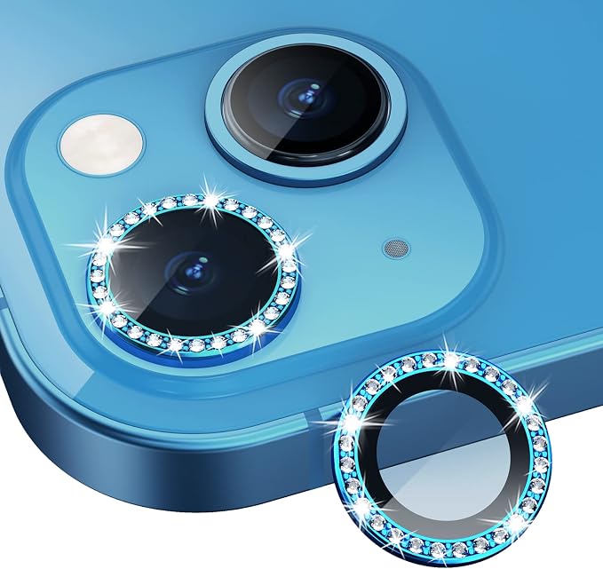 for iPhone 13/13 Mini Camera Lens Protector Bling Diamond, Blue | Individual Metal, 9H Hardness, Scratch Resistant, Shockproof, Drop Protection, Case Friendly, Stylish Accessories by Xfilm