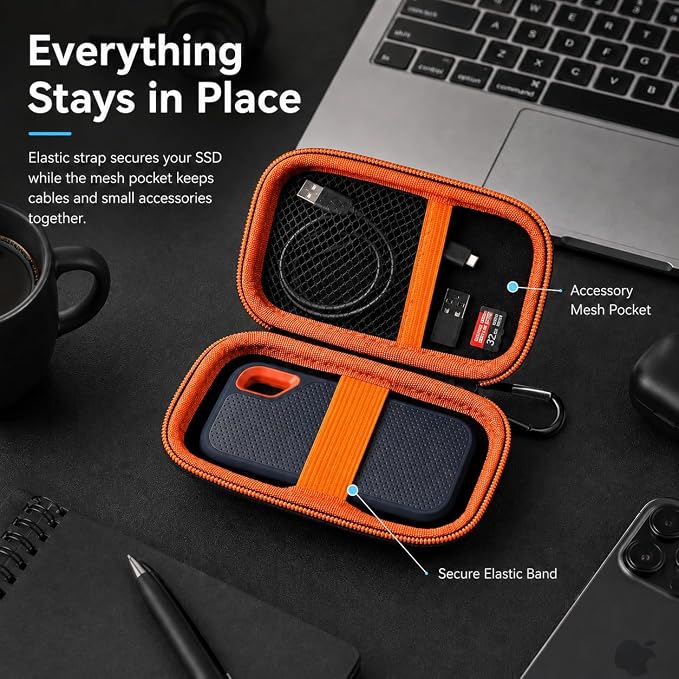 SSD Case for SanDisk Extreme Portable SSD & Extreme PRO, Hard Shell Protective Storage Bag with Carabiner, Fits 1TB 2TB 4TB 8TB External Solid State Drive for Business Travel(Orange) | Elastic Strap Secures the SSD, Mesh Pocket Organizes Cables, Carabi... - Image 7