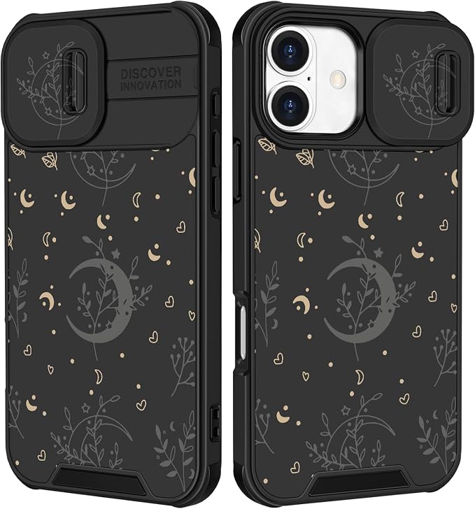 for iPhone 17 Case - Women Cute Phone Cover Girly Pretty Fancy Unique Aesthetic Design Slide Camera Cover Protective Case for Apple for iPhone 17, Black Moon Stars by Goocrux