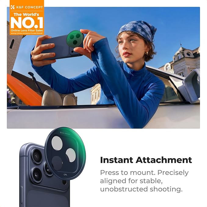 K&F CONCEPT Snap-On CPL Filter Compatible with iPhone 17 Pro Max/17 Pro | 9.5g Ultra-Lightweight Polarizing Filter with Snap-on Deco Mount, AGC Glass 28-Layer Coating Anti-Reflection, FA301 - Image 2