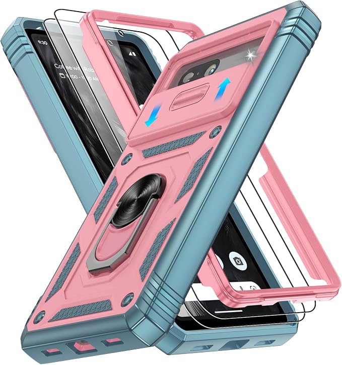 Gritup Phone Case for Google Pixel 7A Case with Slide Camera Cover | 2 Pack Screen Protector, Build in 360° Rotating Ring Kickstand, Military Grade Shockproof Protective Pink by Gritup