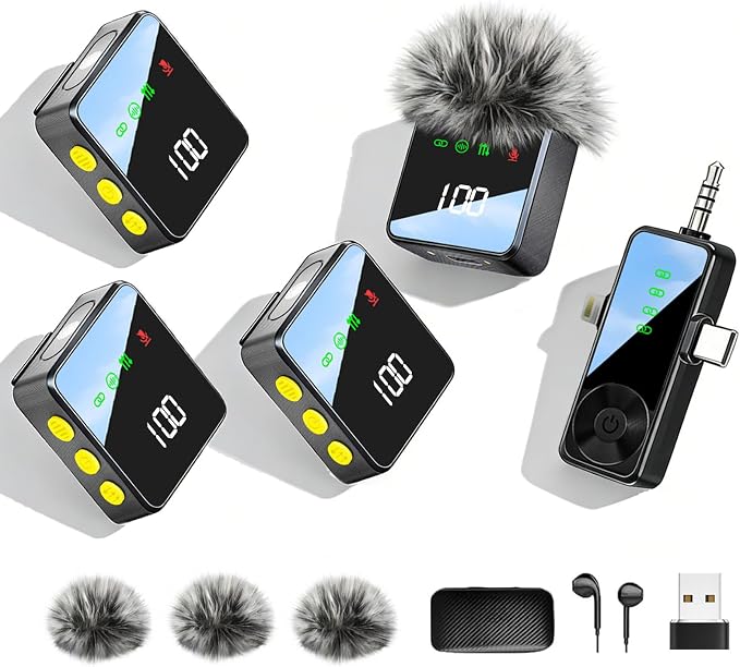 3 in 1 Wireless Lavalier Microphone for iPhone, Android, Cameras | 4-Person Mini Mic with Noise Reduction, 40H Battery Life, Mics for Video Recording, Podcasts, Vlog, TikTok, YouTube (Black) by Giconino