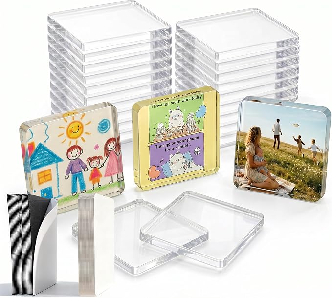 24 Pack Clear Acrylic Fridge Magnets - DIY Magnetic Photo Frames with Magnet & Adhesive Backing. Bulk Craft Kit Includes 26 Blank Cards & Organizer Box for Office Decor, Gifts & Art. by Unknown