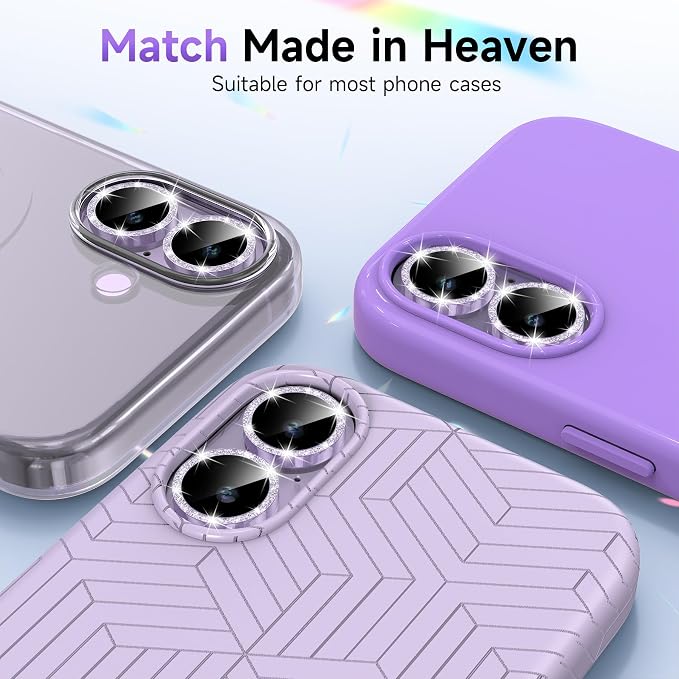 YWXTW Camera Lens Protector for iPhone 17, Individual Bling Glitter Metal Ring Tempered Glass Camera Screen Protector for iPhone 17 Accessories, Case Friendly (Glitter Purple) - Image 6