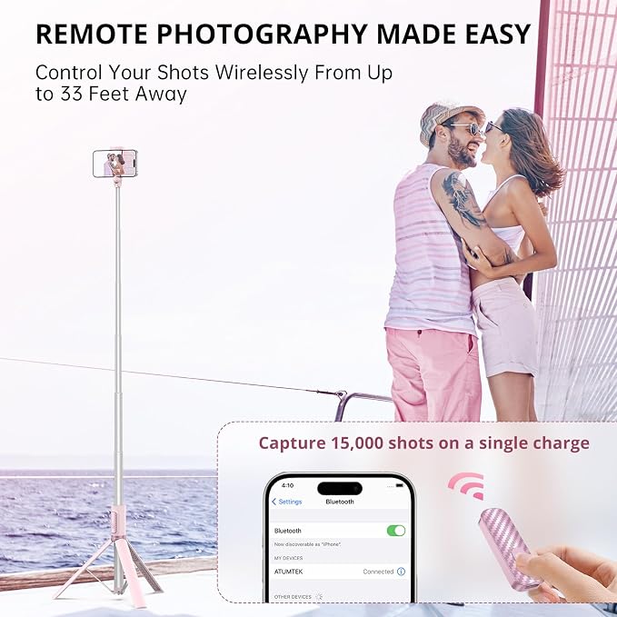ATUMTEK 55" Selfie Stick Tripod, All-in-one Extendable Aluminum Phone Tripod with Rechargeable Bluetooth Remote for iPhone and More, Fitting 4.7-7 inch Smartphones, Pink - Image 3