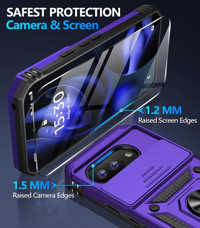 Taisairu for Google Pixel 9A Case with Screen Protector & Slide Camera Lens Cover, Built-in 360°Rotate Magnetic Ring Stand Shockproof Protective Phone Case for Google Pixel 9A Case (Purple) - Image 5