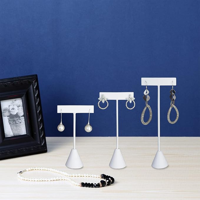 Ikee Design 6Pcs Set Earring Stand Display 3 Different Heights,black Velvet | MULTI-HEIGHT EARRING DISPLAY: White faux leather with a stable metal base for various earring sizes; 2.5"W x 5.5"H. - Image 7