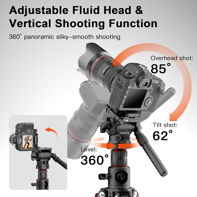 72" Overhead Camera Tripod with Fluid Head,Horizontal Tripod for Top-Down Product & Food Photography,Detachable Monopod&Invertible Center Column,Aluminum Tripod for DSLR Camcorder Spotting Scope - Image 3
